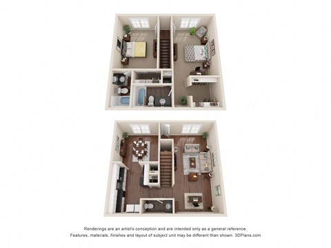 a stylized floor plan of a 2 bedroom apartment